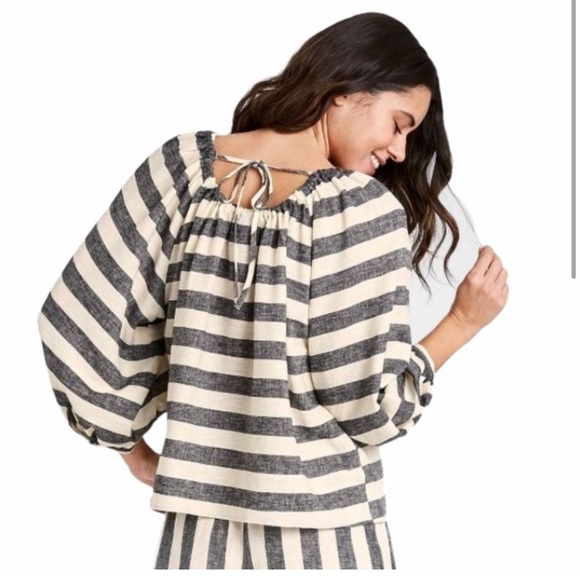 Who What Wear Linen Blend Striped Off the Shoulder Ballon Sleeve Blouse Size S - Picture 2 of 4